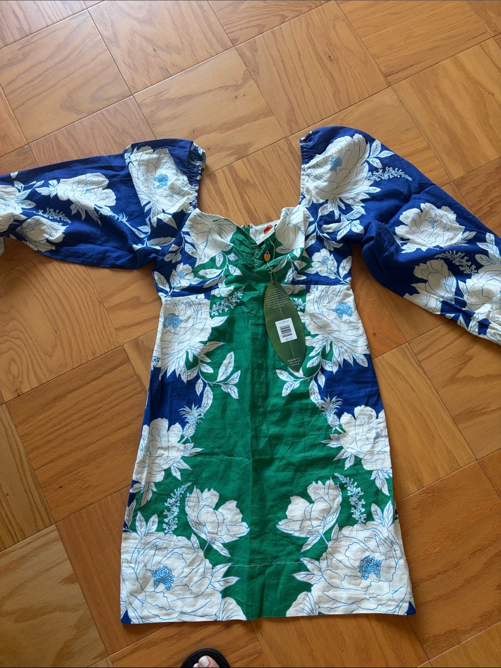 FARM Rio Navy, Green & White Floral Puff-Sleeve Mini Dress